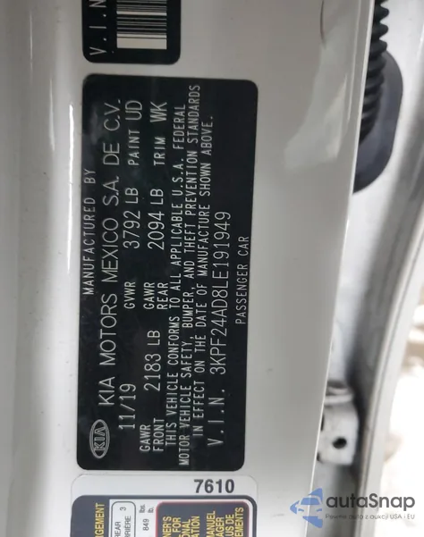 2020 Kia Forte Fe из США, поврежденный, VIN 3KPF24AD8LE191949